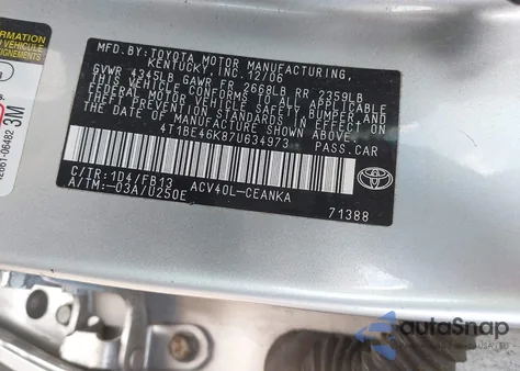 2007 Toyota Camry Le из США, поврежденный, VIN 4T1BE46K87U634973